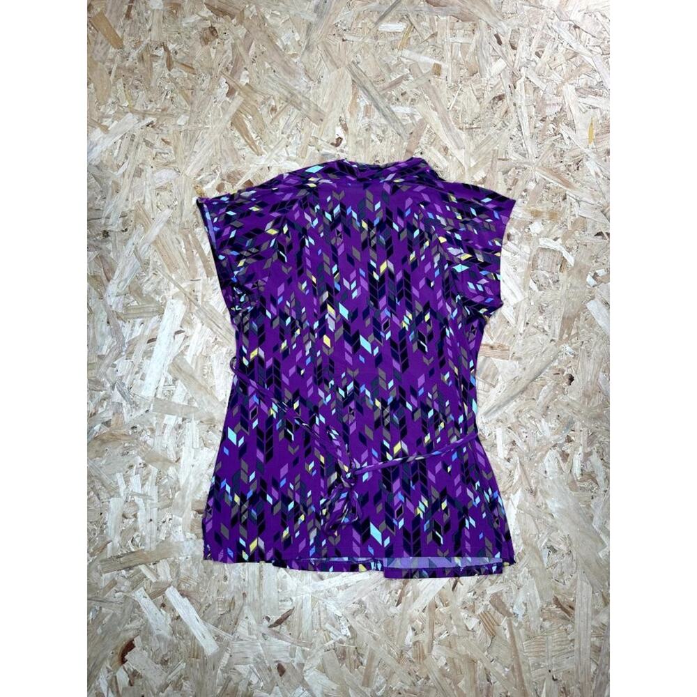 Attention Womens Purple Geometric Blouse Size Large Cap Sleeve V-Neck Belted Top - Picture 10 of 16